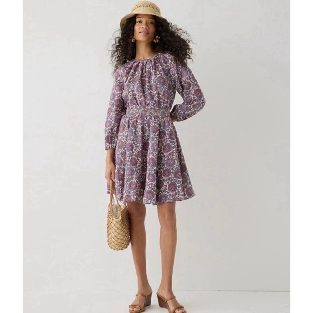 J. Crew Womens Palmero Smocked Waist Dress Floral Bouquet Linen‎ Sz Small